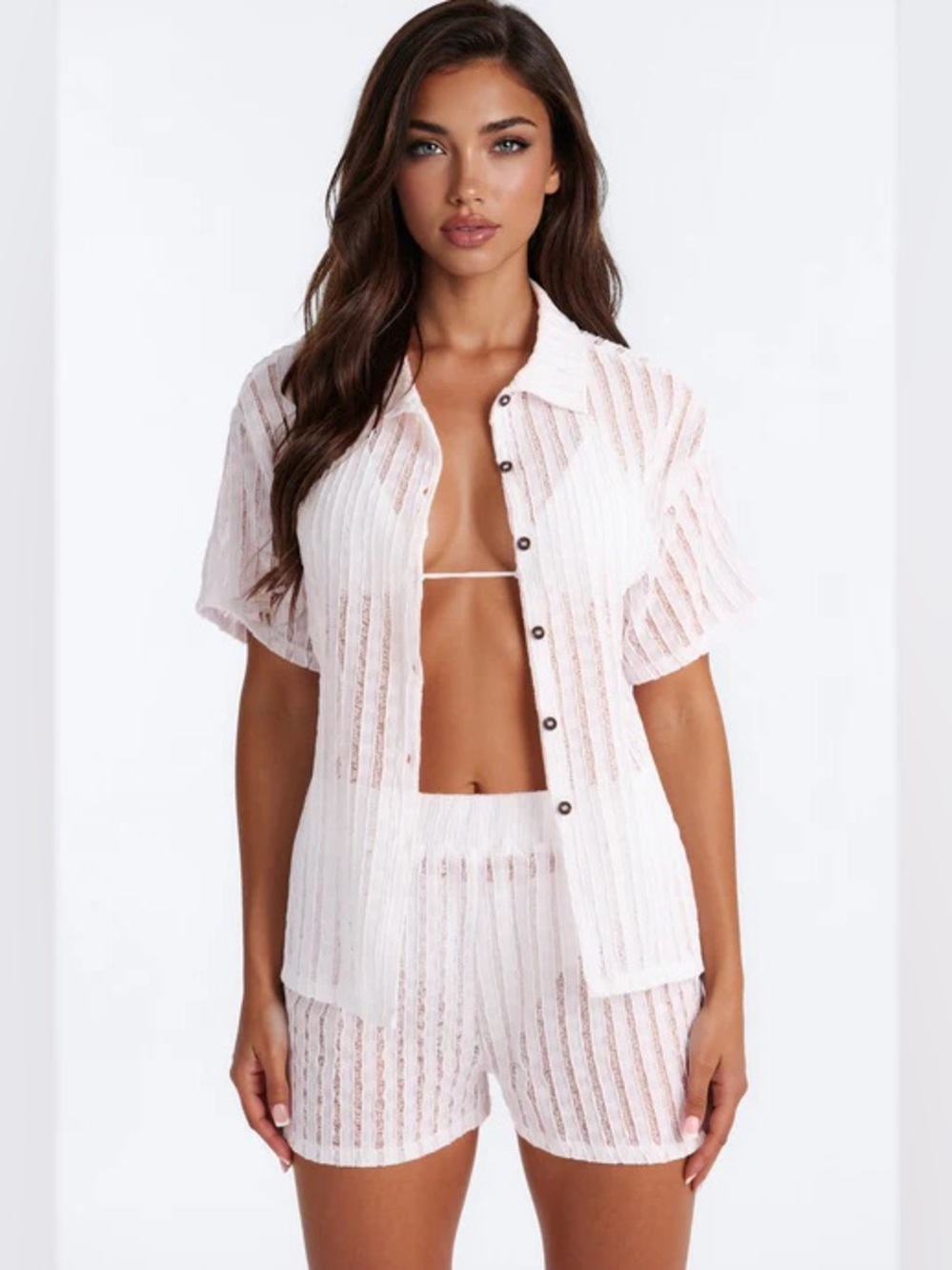 ❥𝖥𝖠𝖲𝖧𝖨𝖮𝖭𝖭𝖮𝖵𝖠: Seaside Vacation Button Up Cover Up Shorts Set - White